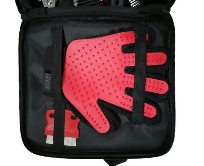 Red pet cleaning set with 9 tools in an Oxford cloth bag, compact 28 by 22 by 7 cm