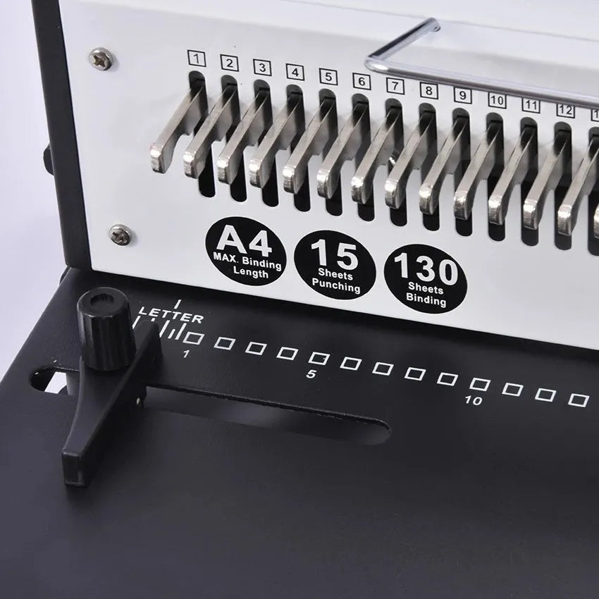 Leisheng 34-hole adjustable iron ring binding machine in black on a desk