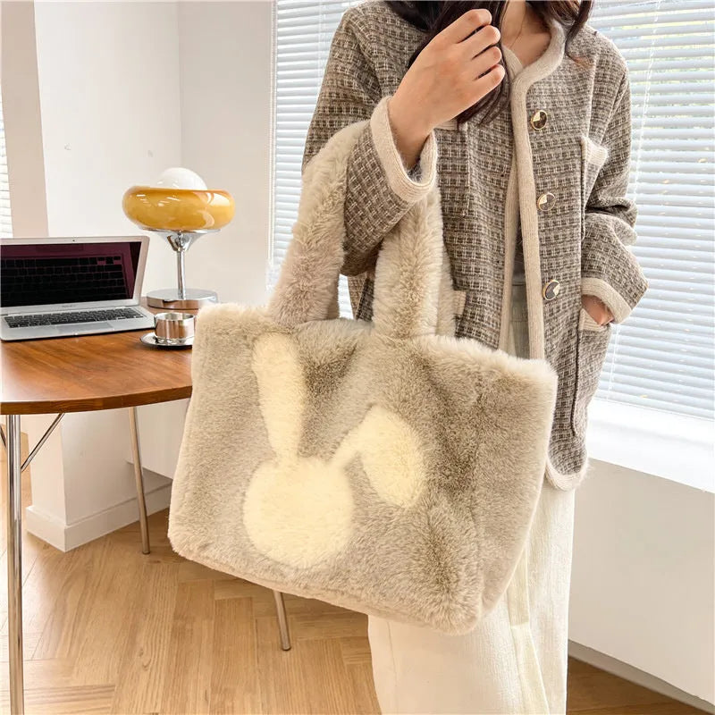 Plush shoulder bag with cartoon rabbit ears design in six colour options