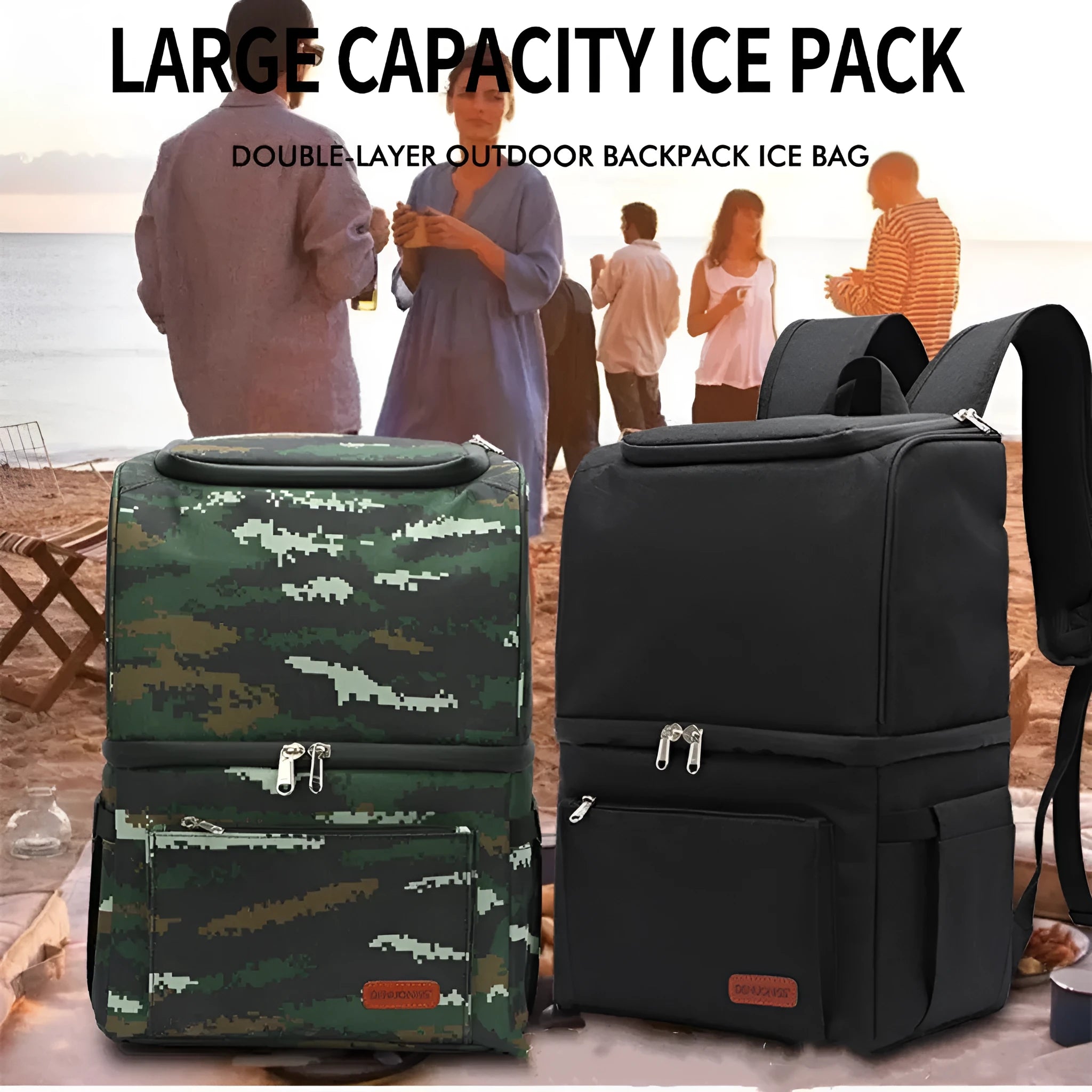 Double layer insulated picnic backpack with ice pack in blue colour showing 22L capacity