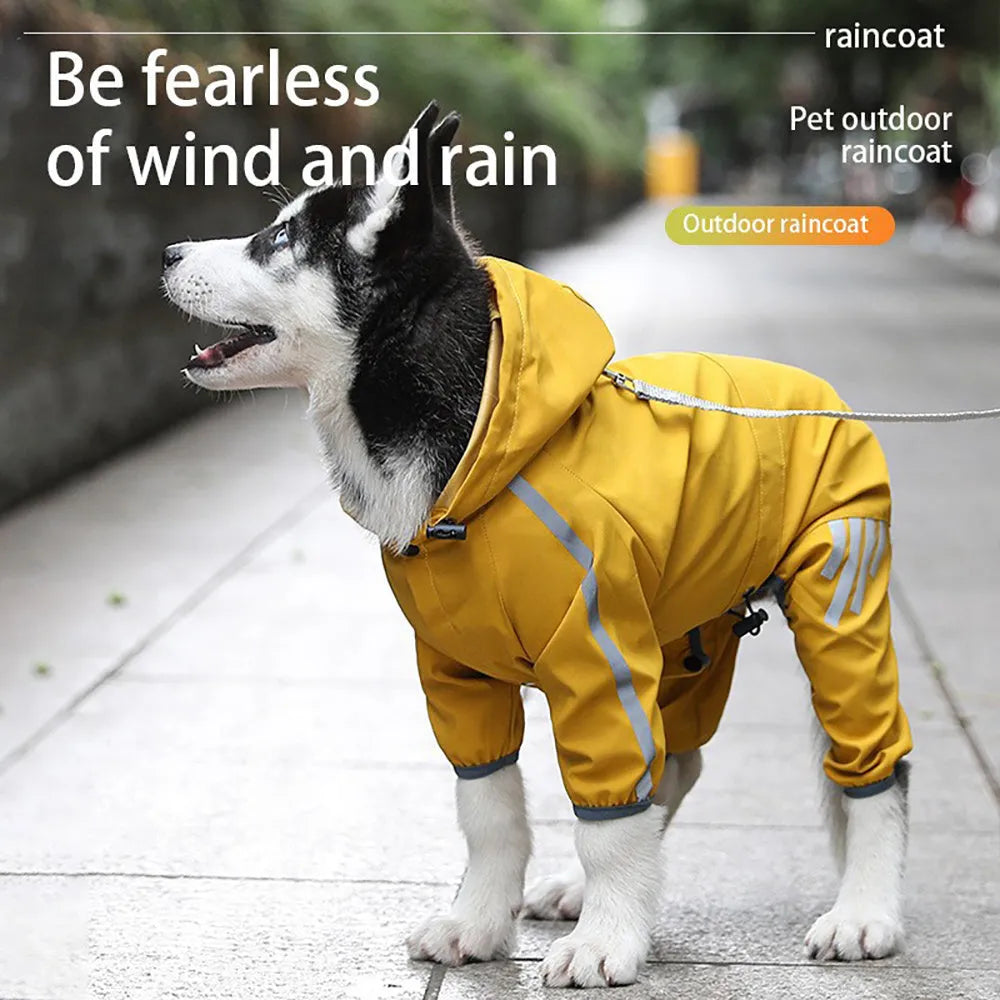 Waterproof dog raincoat with reflective strips, hood, and four-leg design for small medium dogs