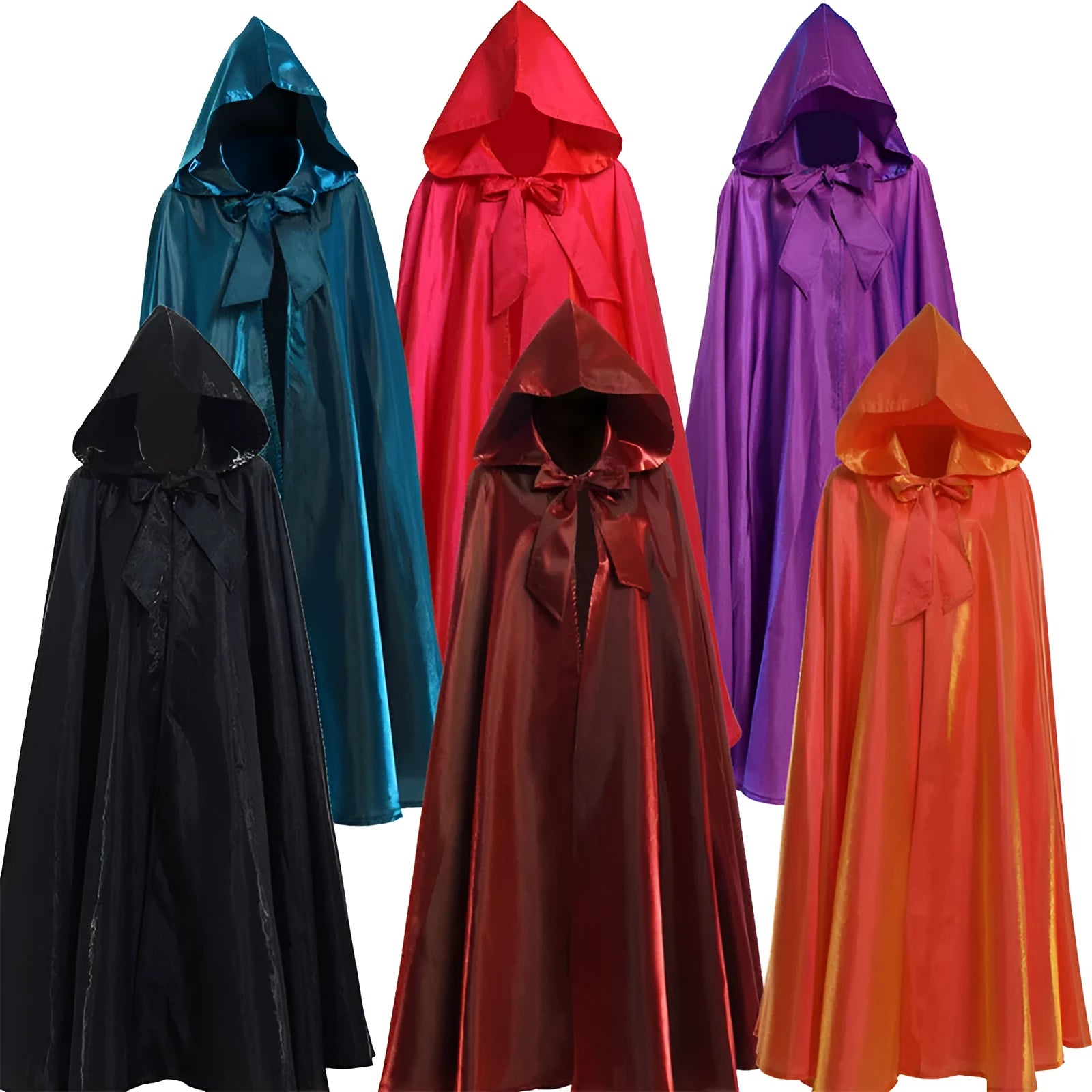 Halloween costume medieval cloak wizarding robe in polyester available in black brown green orange purple red sizes S to 2XL