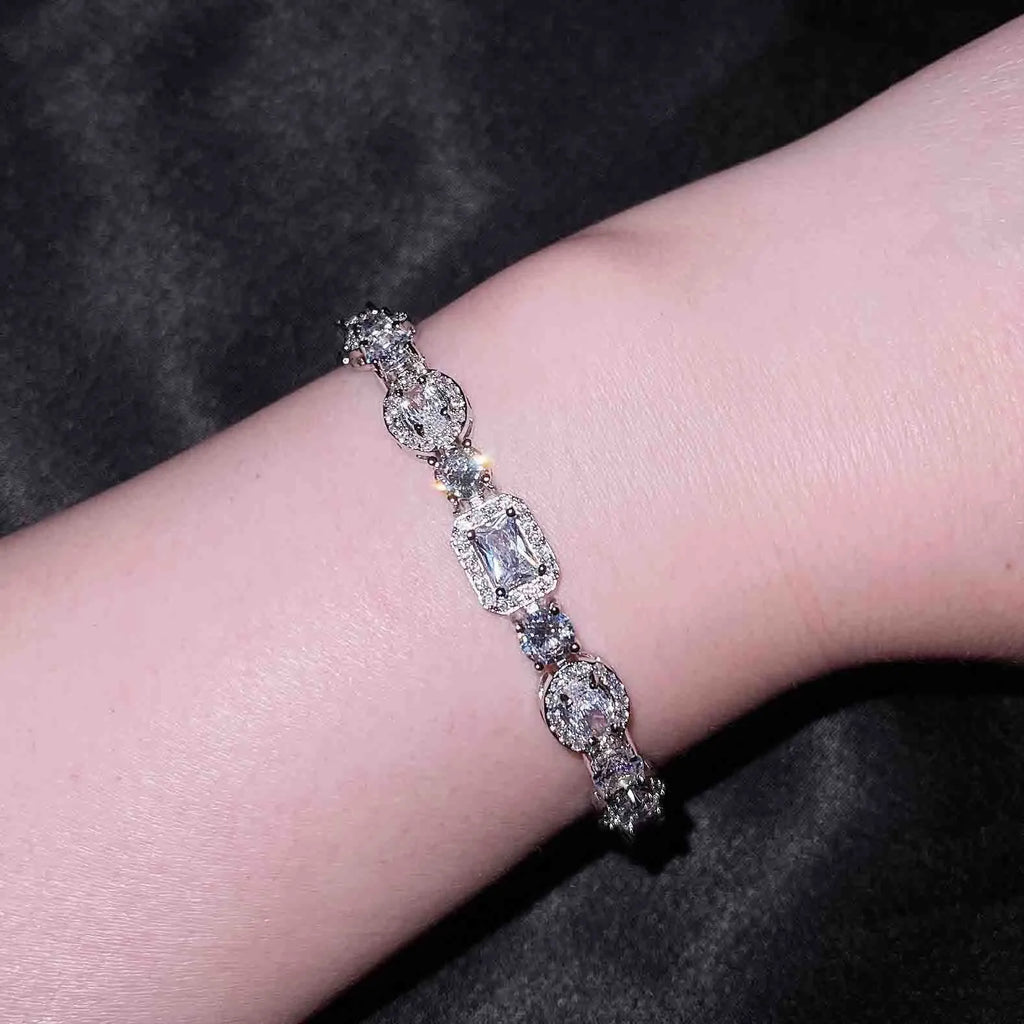 Women's geometric bracelet with zircon stones and silver plating in two size options