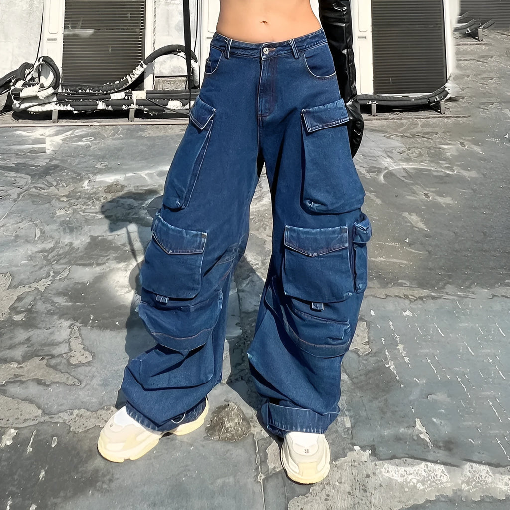 Dark blue distressed women's jeans with a high waist, wide legs, and multiple pockets on a mannequin.