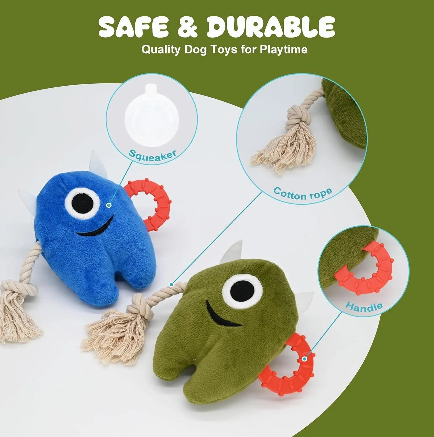 Blue and green monster-themed plush dog toy with cotton rope elements and squeaker