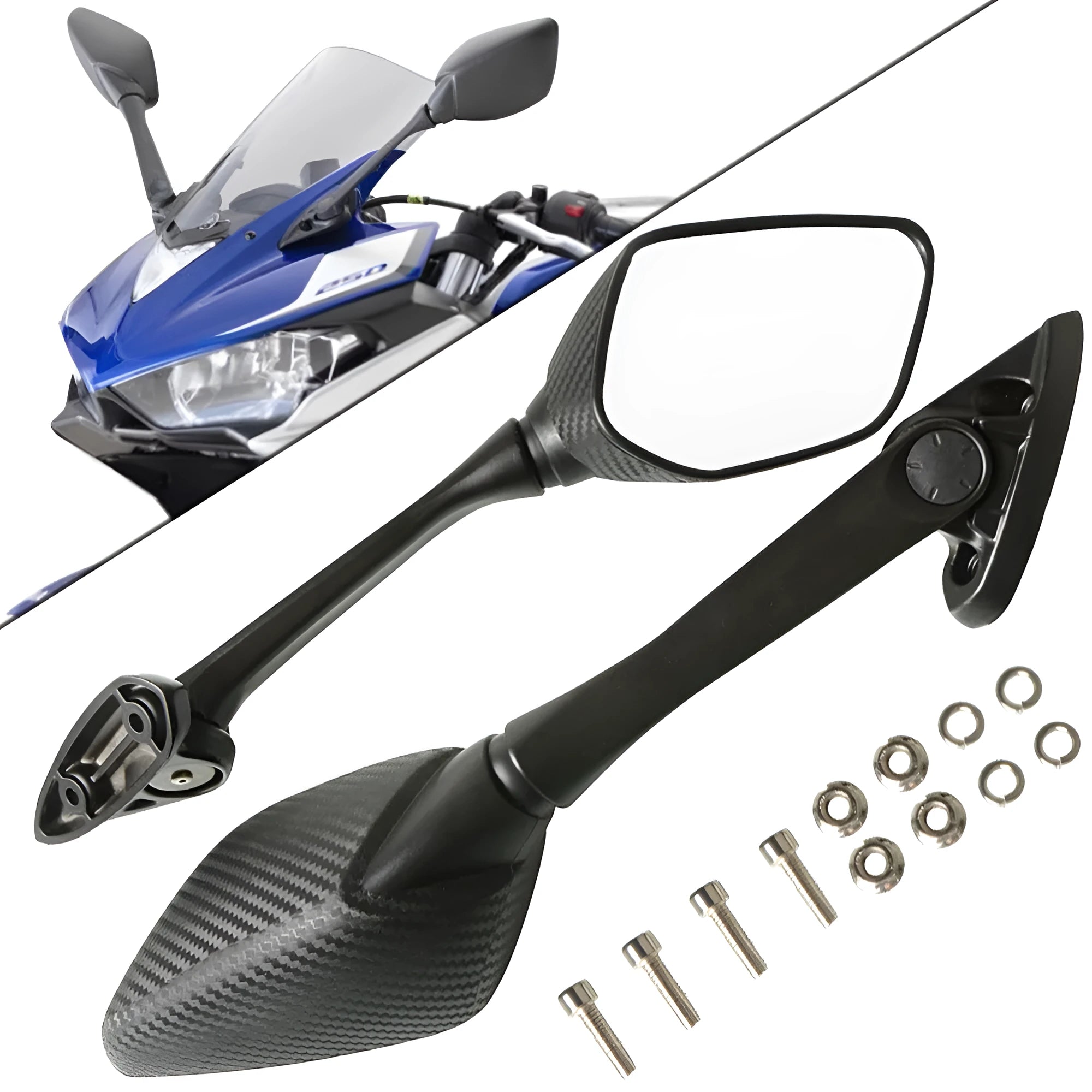 Yamaha R3 R25 carbon pattern rearview mirror with aluminium rod and ABS shell