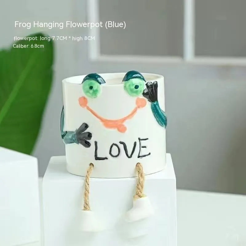 Ceramic hanging foot flowerpot with cartoon design in one of twelve colour variants for succulent plants