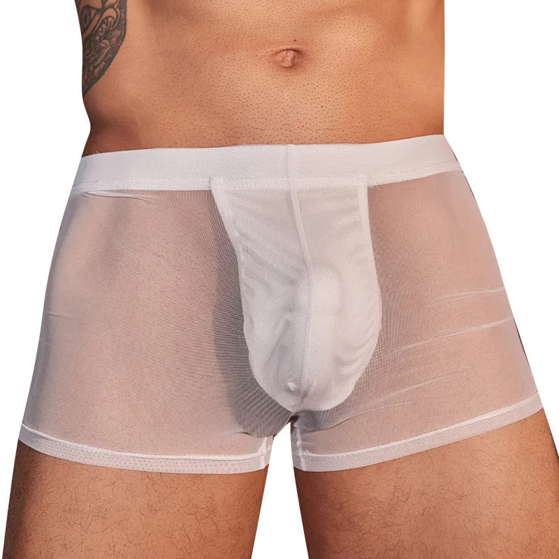 Men's black and white ultra-thin nylon boxer briefs on plain background