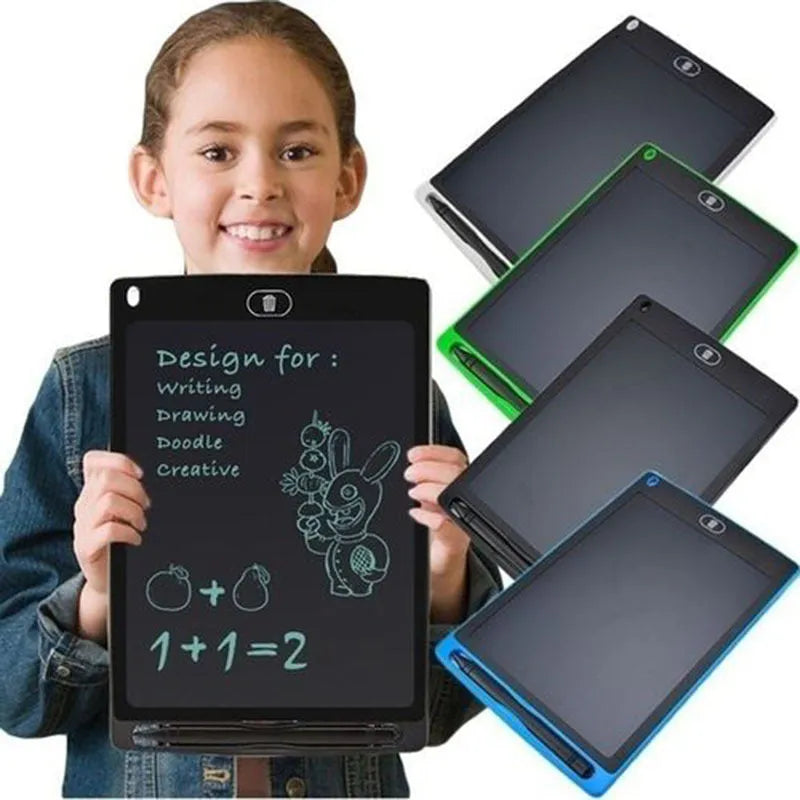 Electronic drawing board with 8.5-inch LCD screen in black, showing a drawn flower with a yellow stylus beside it