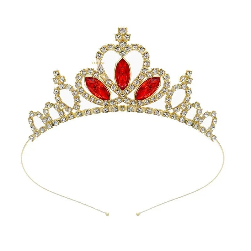 Gold and silver electroplated alloy princess crown headdress for girls with coloured diamond embellishments.