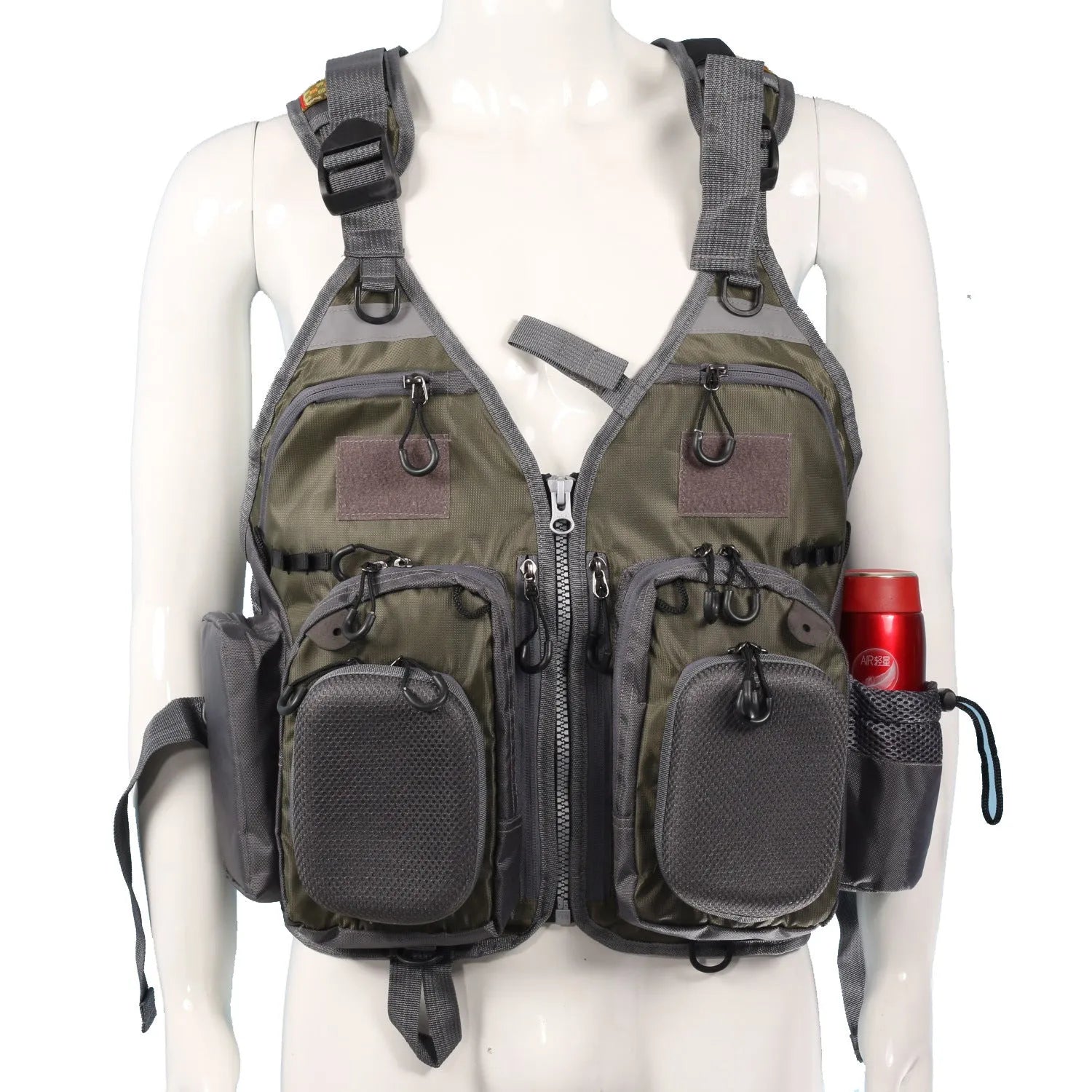 Grey ripstop polyester fishing life jacket with multiple pockets, MOLLE panels, and reflective strips on a mannequin.