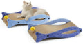Blue fish-shaped cat scratcher pad with wavy design and hanging bell ball toy
