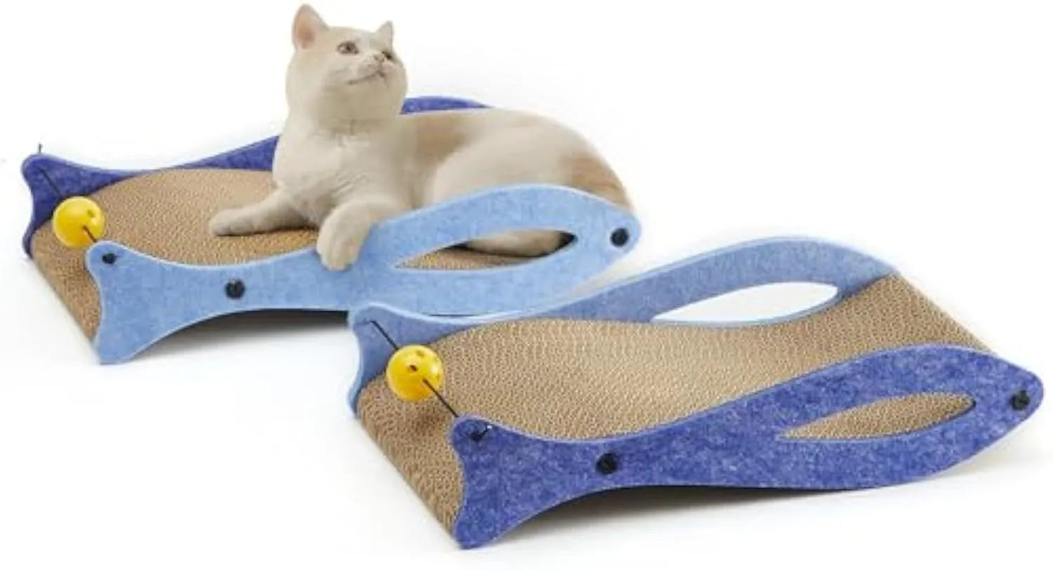 Blue fish-shaped cat scratcher pad with wavy design and hanging bell ball toy