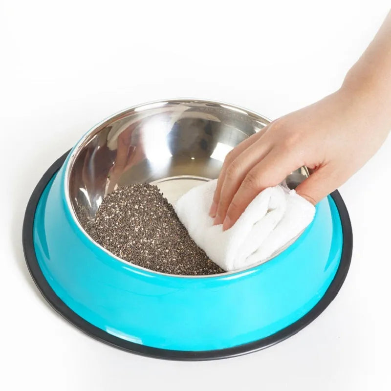 Stainless steel pet bowl with colourful melamine outer pot showing non-slip rubber base