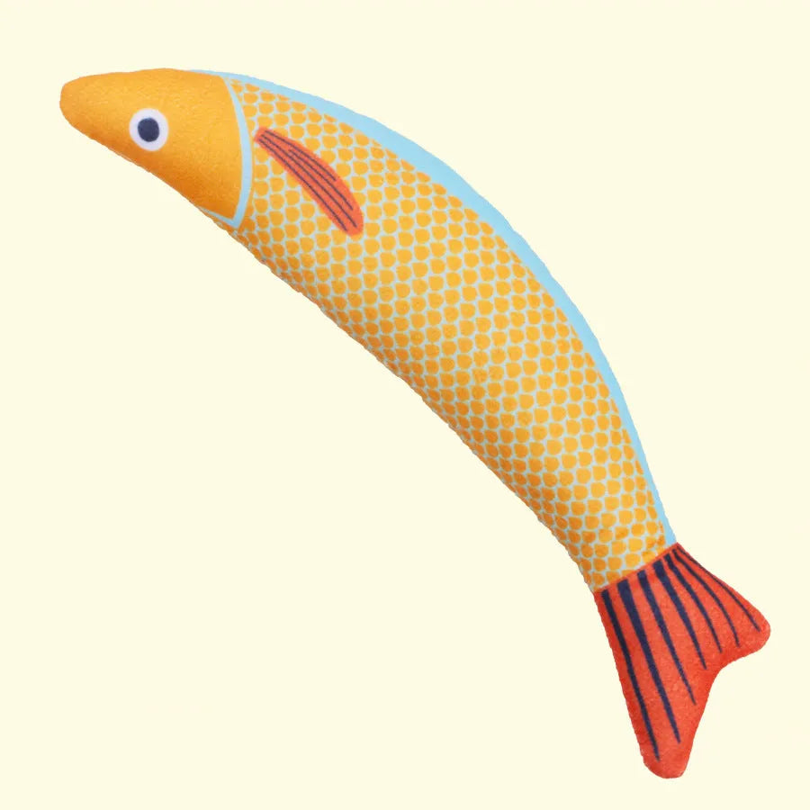 Green orange yellow catnip fish kicker toy measuring 24cm with soft plush material for indoor cat exercise