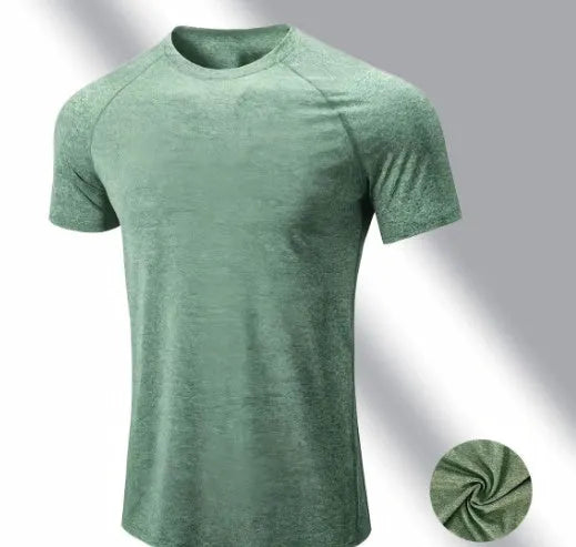 Men's black stretch quick-drying short sleeve polyester t-shirt for running.