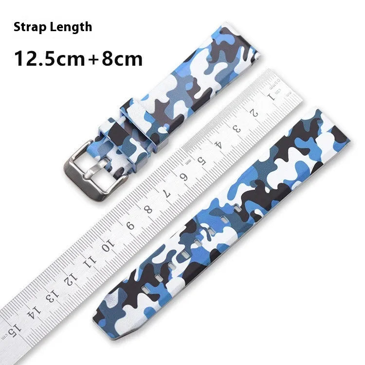 Green camouflage silicone watch strap showing 20mm lug width and buckle.