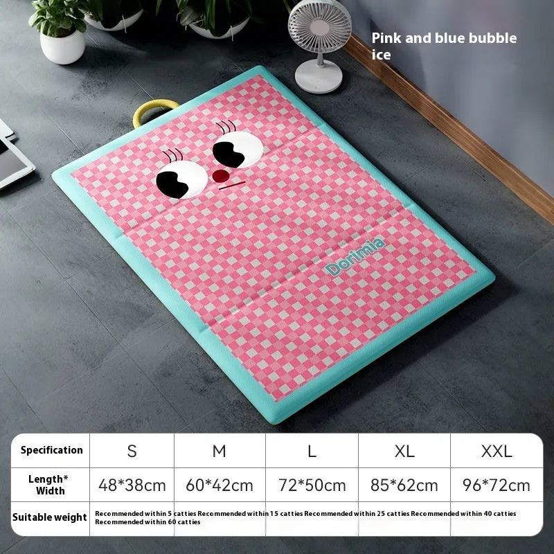 Blue plaid cool pad for dog or cat made from ice silk fabric with waterproof artificial leather base, size 72x50cm