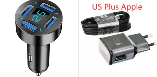 Black four-port USB car charger with LED digital display showing charging status
