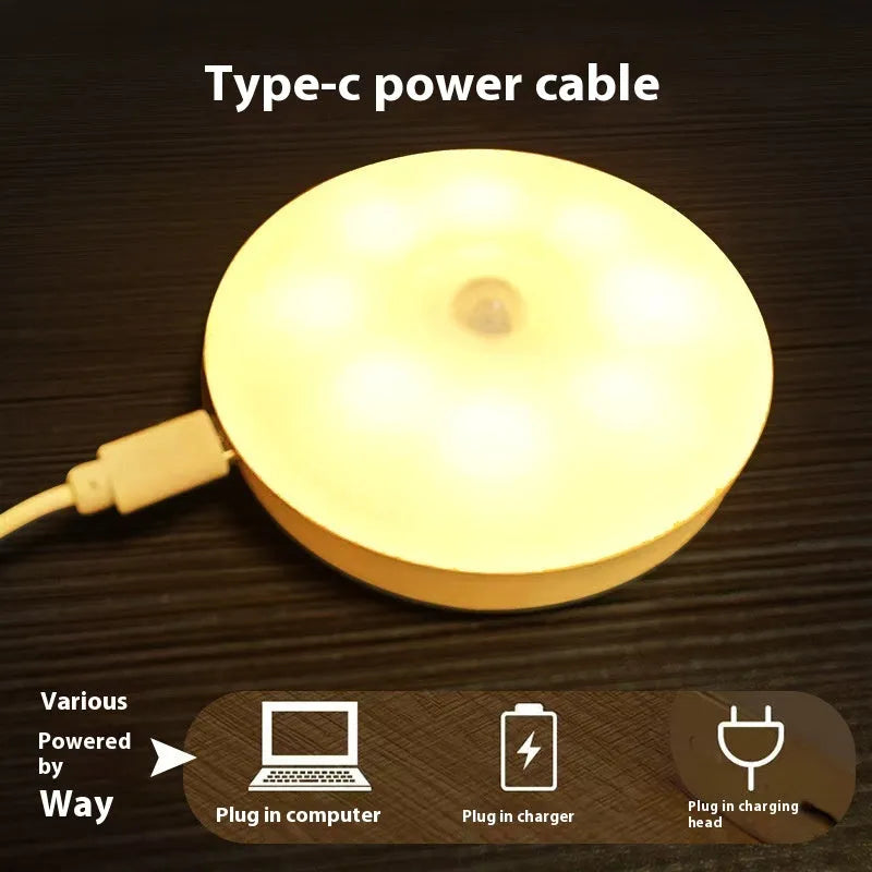 Round ABS rechargeable night induction lamp with automatic motion sensing and three colour light modes for elderly home safety