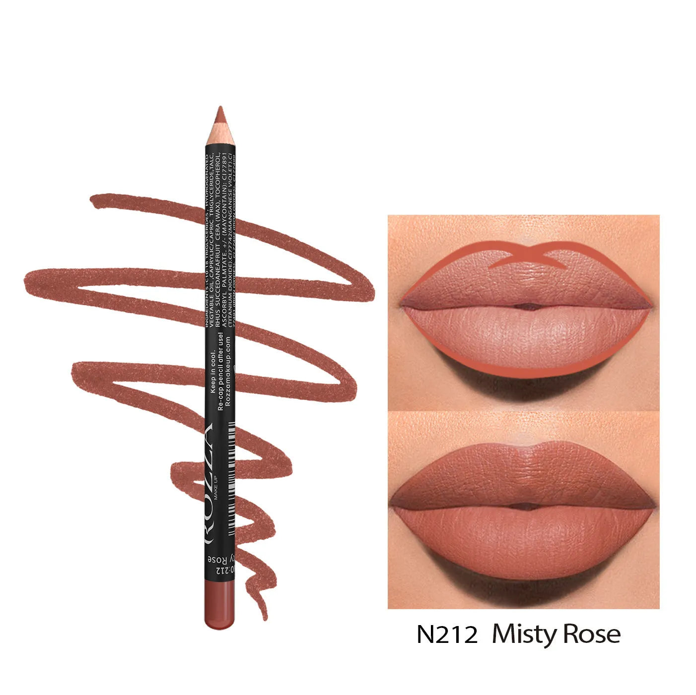 Matte finish lip liner pencil in wood casing with colour options 201 to 214 for 24-hour wear