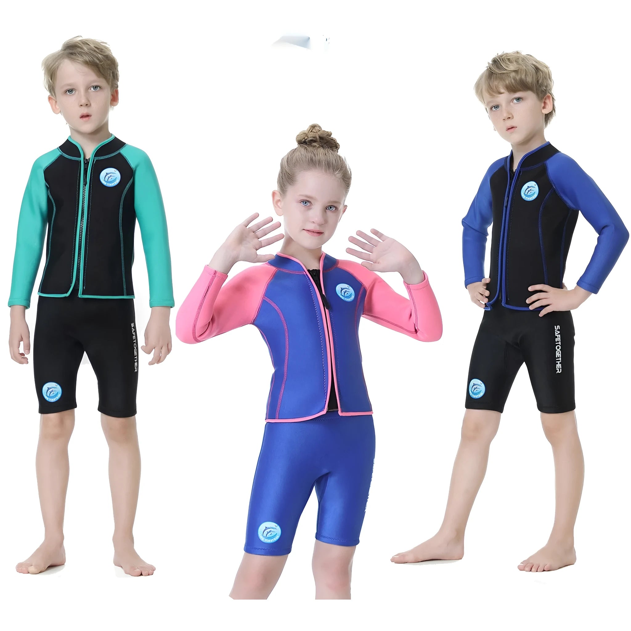 Children's long sleeve two-piece diving swimsuit in blue pink colour for girls outdoor swimming and wading