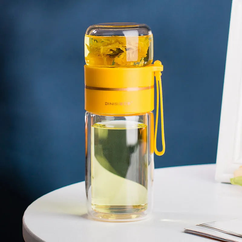 Double wall glass water bottle with tea infuser filter, leakproof, high borosilicate, stainless steel strainer, portable rope, 400ml