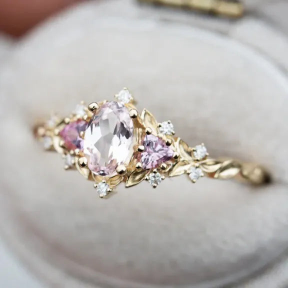 Simple fresh inlaid zircon ring for women alloy flower shape gold pink diamond