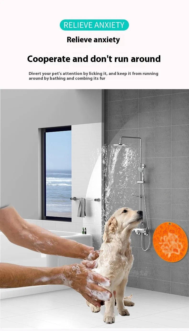 Round silicone pet licking mat with suction cup, shown in blue colour.