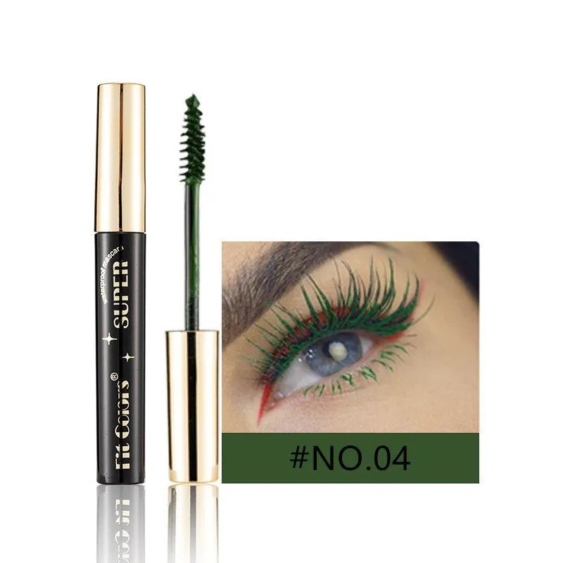 Colourful mascara tube and wand with vibrant shades for dramatic Christmas and stage eye makeup.