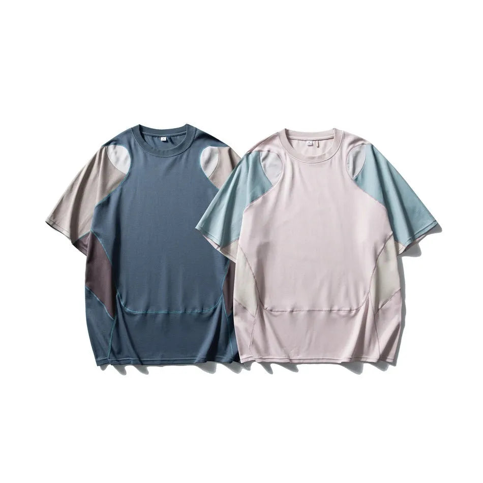 Men's loose blue patchwork sports t-shirt with short raglan sleeves on a mannequin