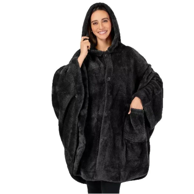 Super thick hooded polyester bathrobe in cardigan style with long sleeves
