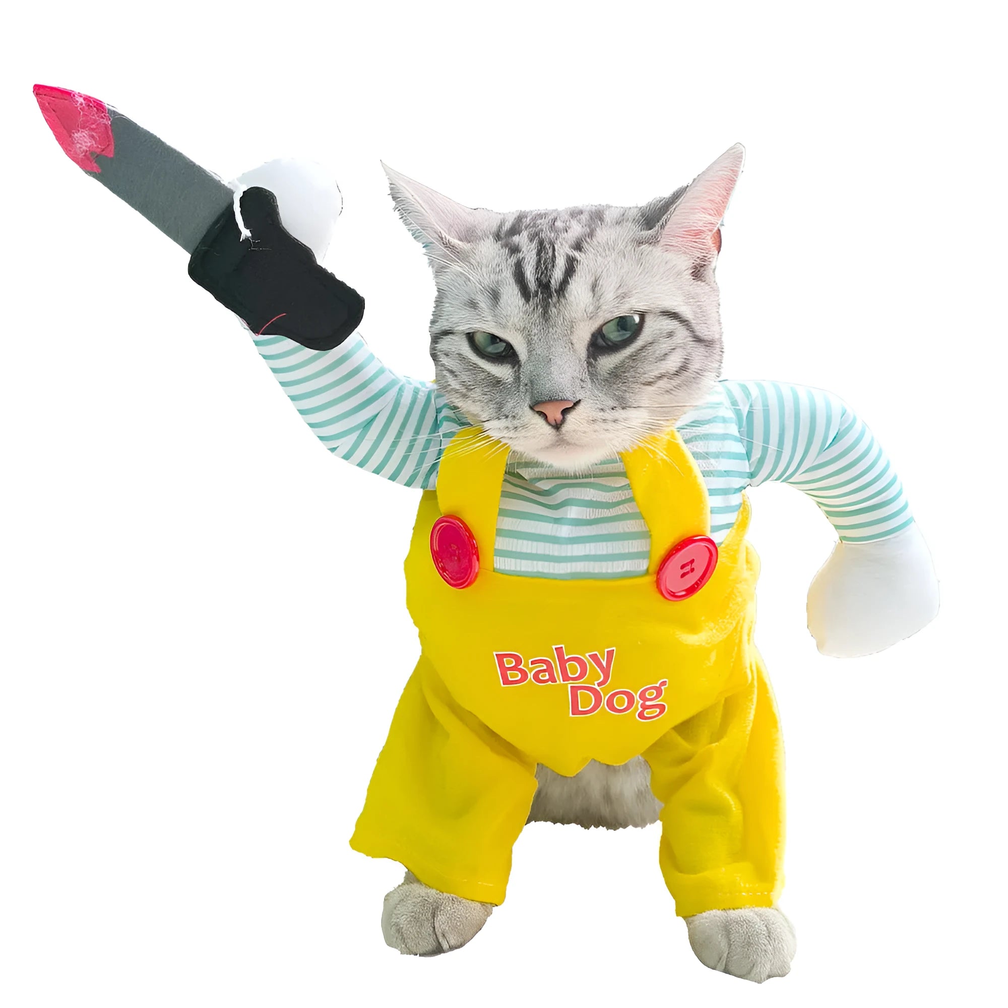 Yellow assassin themed cat costume clothing with sword motif on polyester fabric