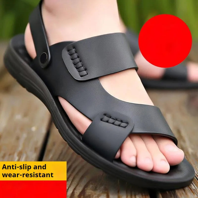 Men's waterproof plastic casual sandals in brown and black colours showing slip-on design for beach use