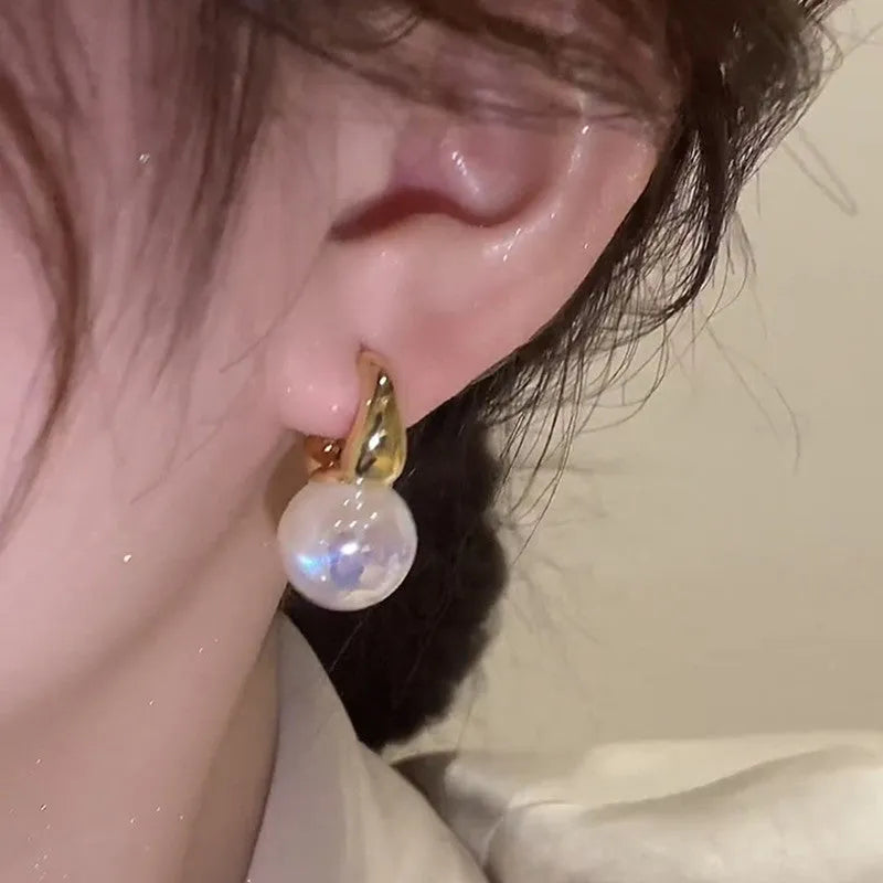 Mermaid pearl earrings for women copper clip on U shape 14K gold colour with white pearl centre