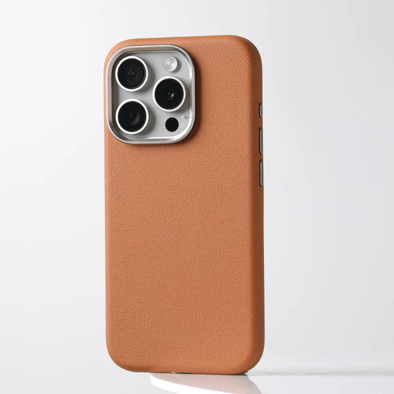 Genuine leather Magsafe phone case with alloy lens and metal frame for iPhone 15, black colour