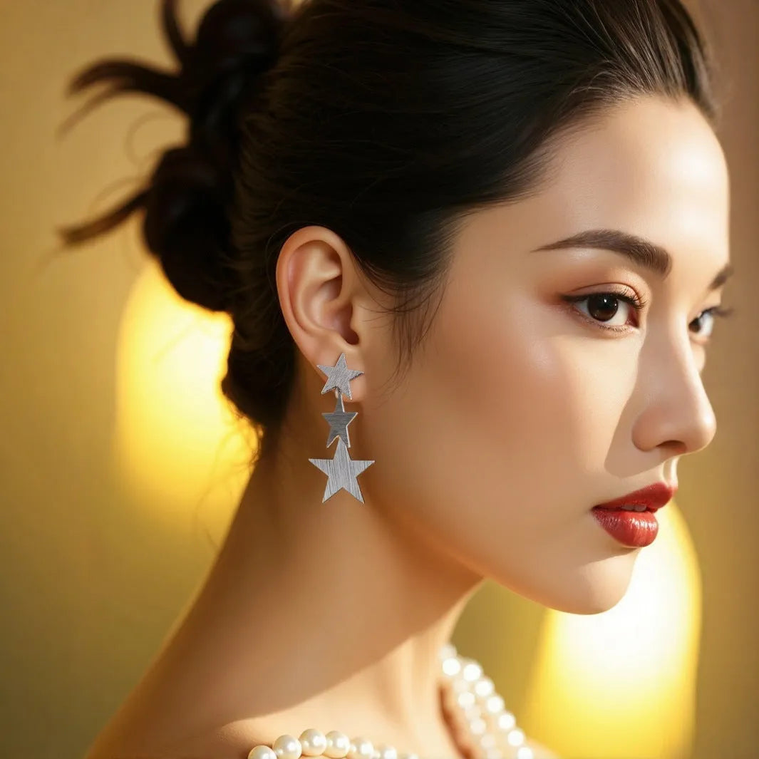 Fashionable slimming pentagram earrings with silver-tone metal alloy finish for women