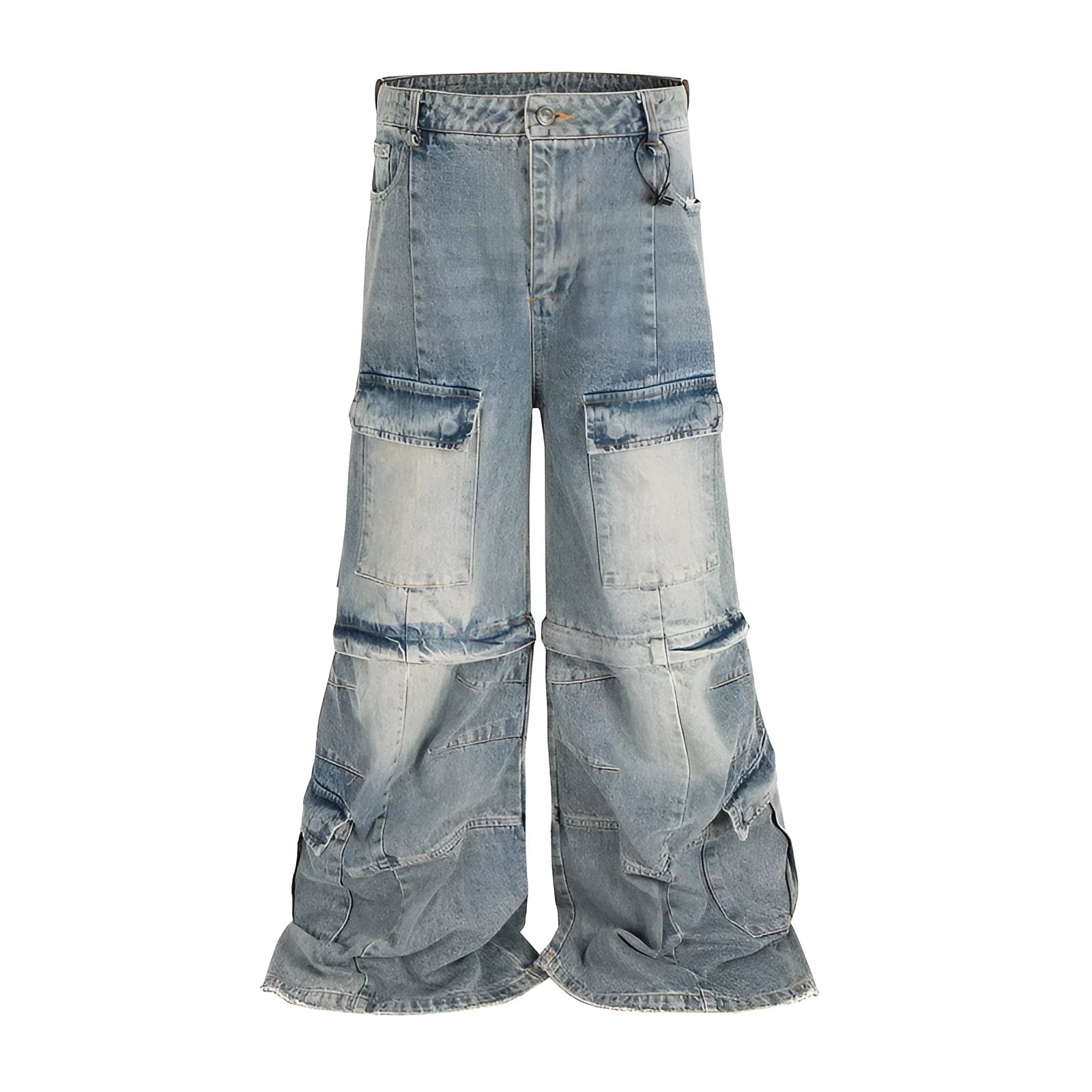 Detachable washed-out cotton overalls with multiple pockets in black colour showing mid-waist fit and zip placket