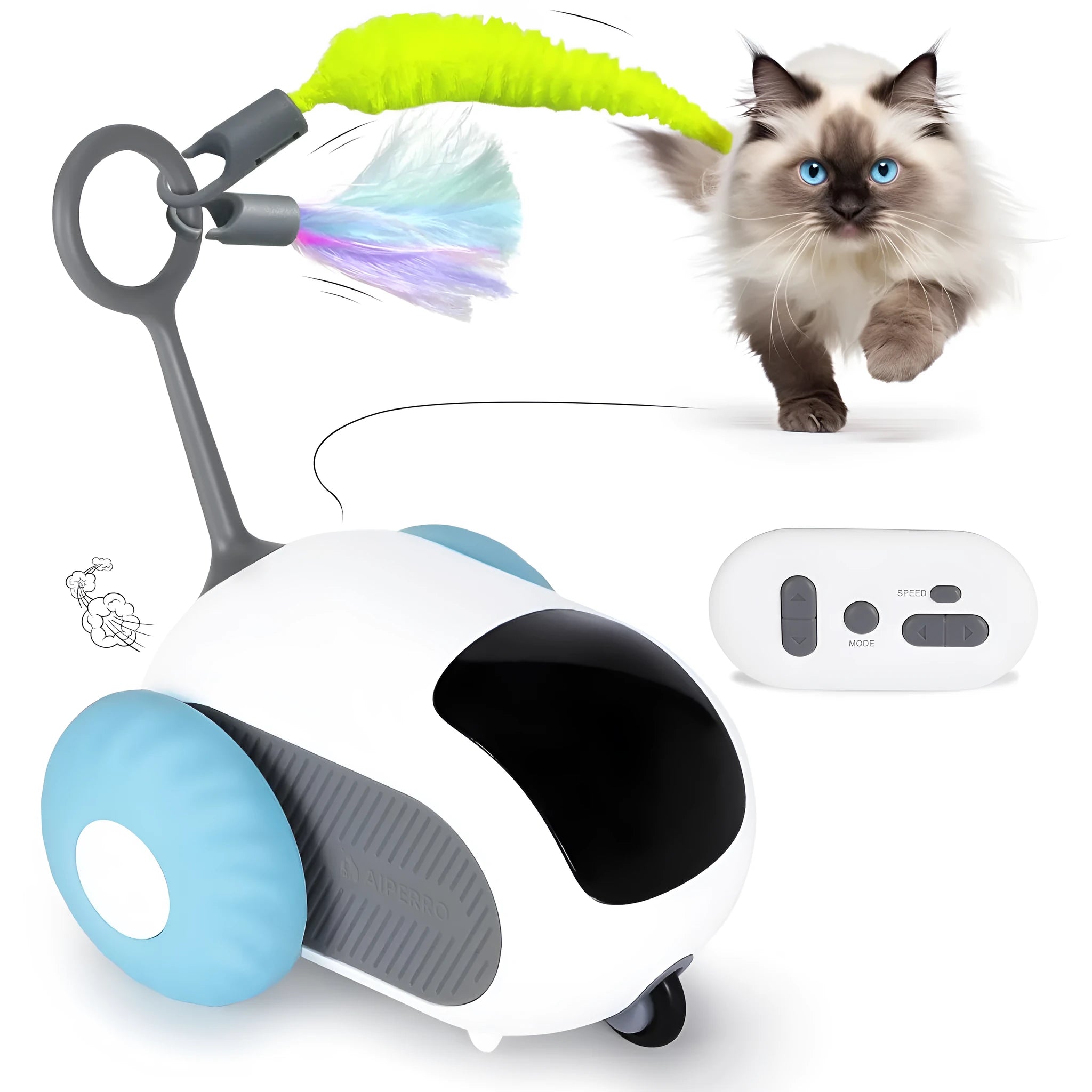 Smart cat toy car with remote control in blue colour showing feather teaser attachment and USB charging port