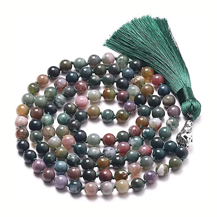 Agate tassel necklace with geometric pattern featuring multiple colourful stones including amethyst and lapis lazuli
