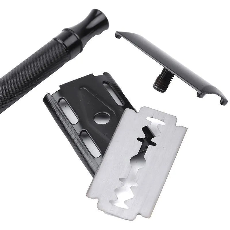 Traditional manual shaving razor and brush combination set in metal construction