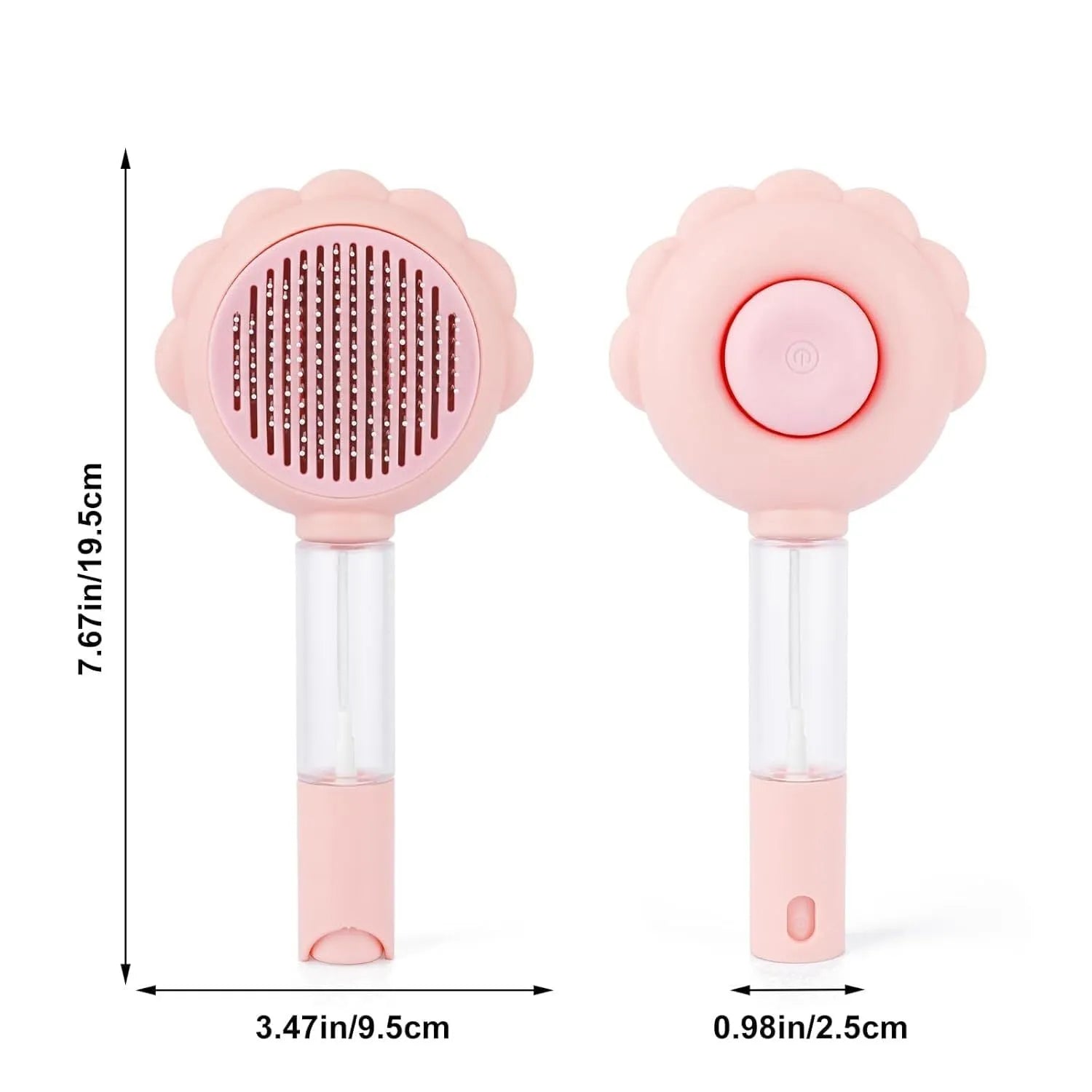 Grey self-cleaning cat brush with spray function and stainless steel bristles on a white background.