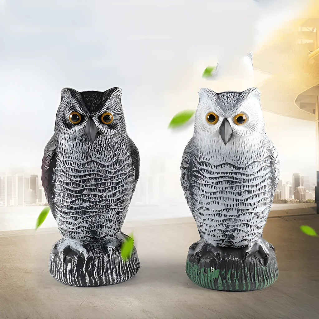 Three-piece set of red artificial PE plastic owl garden ornaments on a white background
