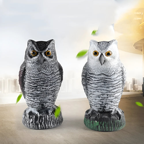 Three-piece set of red artificial PE plastic owl garden ornaments on a white background