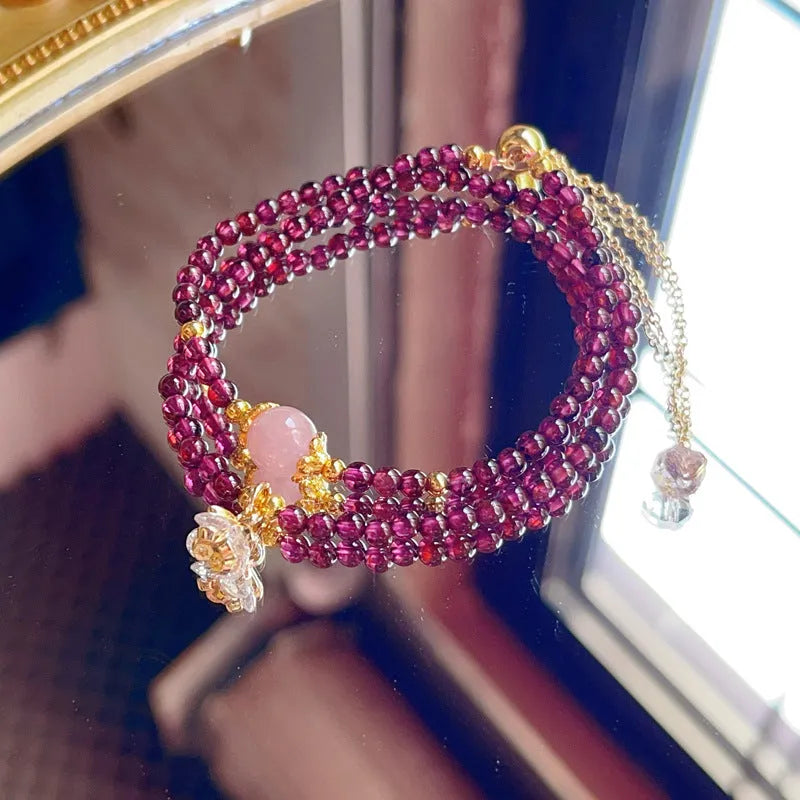 Natural garnet double ring bracelet on women's wrist, manual craft, H311 colour