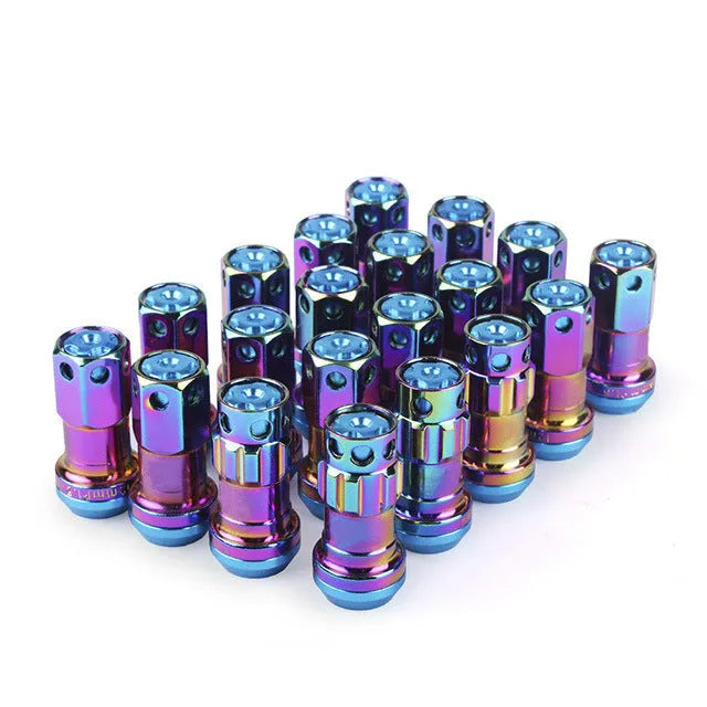Set of aluminium alloy universal wheel hub nuts in various two-tone colours including black gold and red.