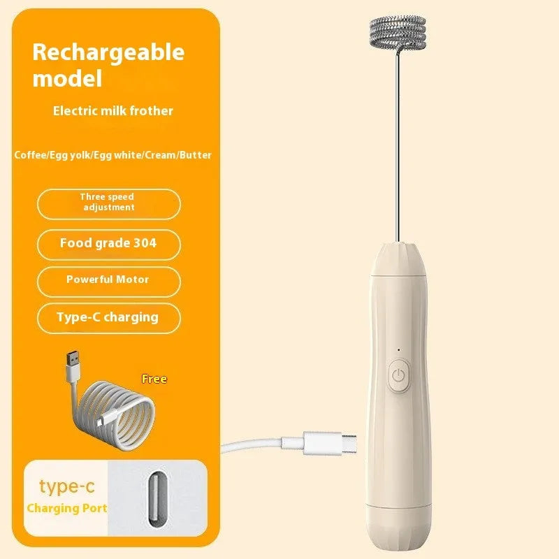 Mini handheld electric milk frother in black, white and khaki colours with USB charging