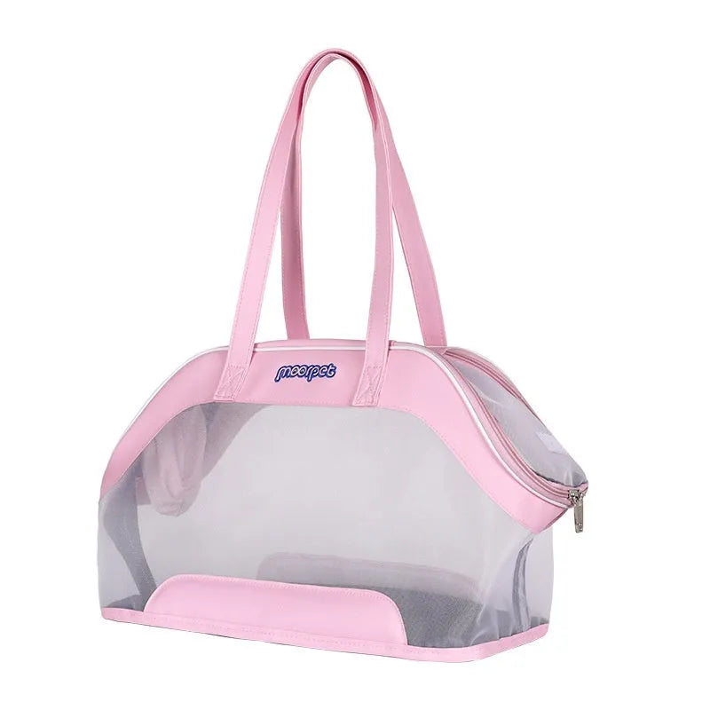 MOORPET leather cat carry bag in beige with structured sides and top handle.