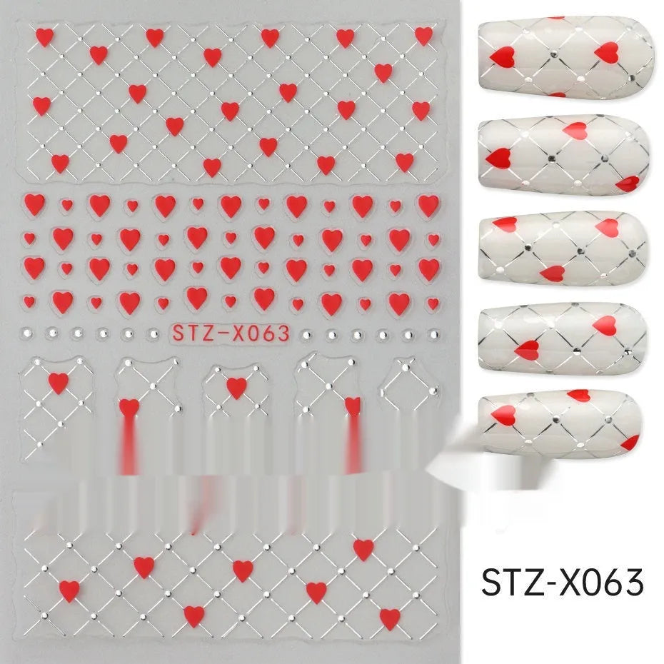 Sheet of black and silver strip nail art stickers with cartoon and love heart designs