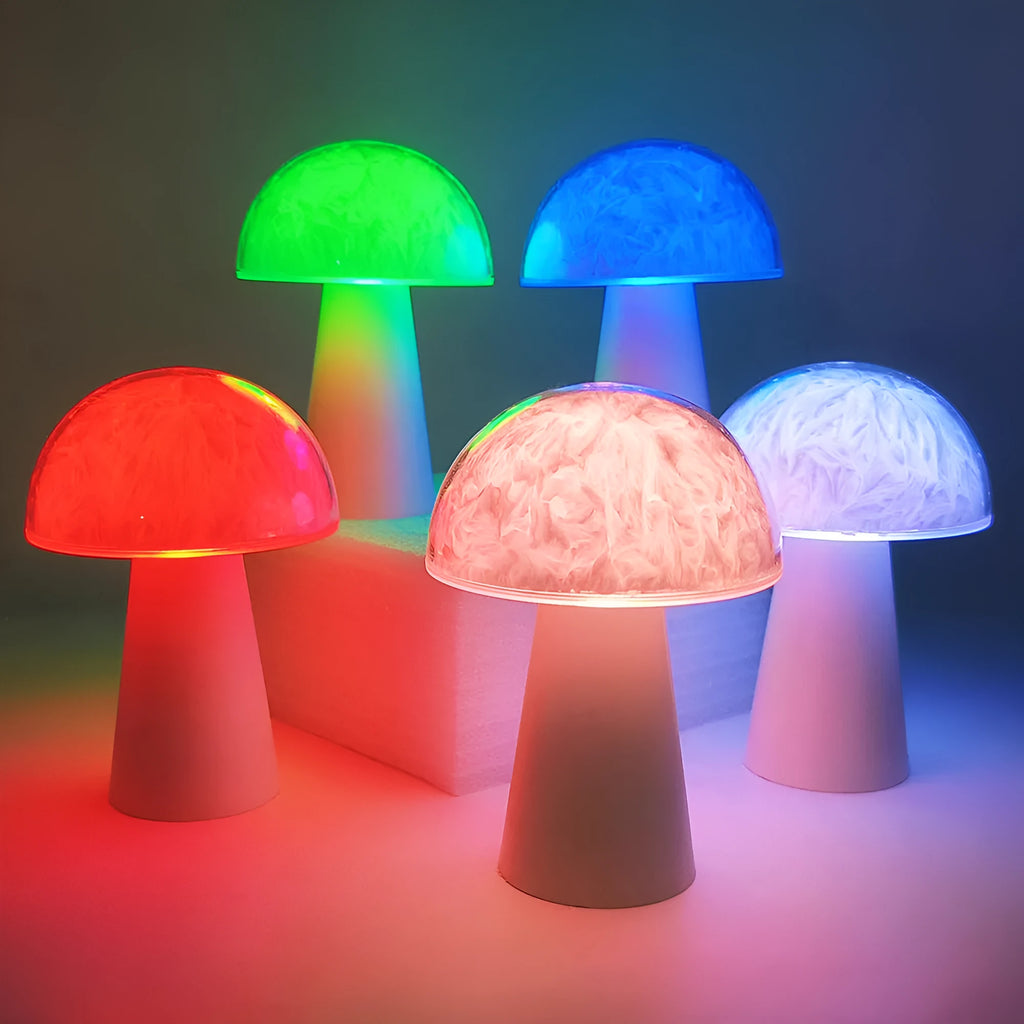Mushroom-shaped night light with remote control showing RGB colour-changing illumination